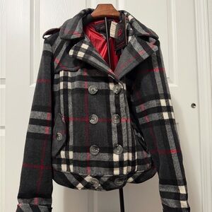 NWT Dollhouse Black and Red Plaid Pea Coat Size M